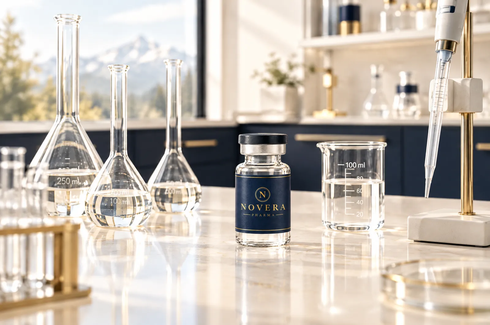 Paillasse de laboratoire avec verrerie et un flacon Novera Pharma